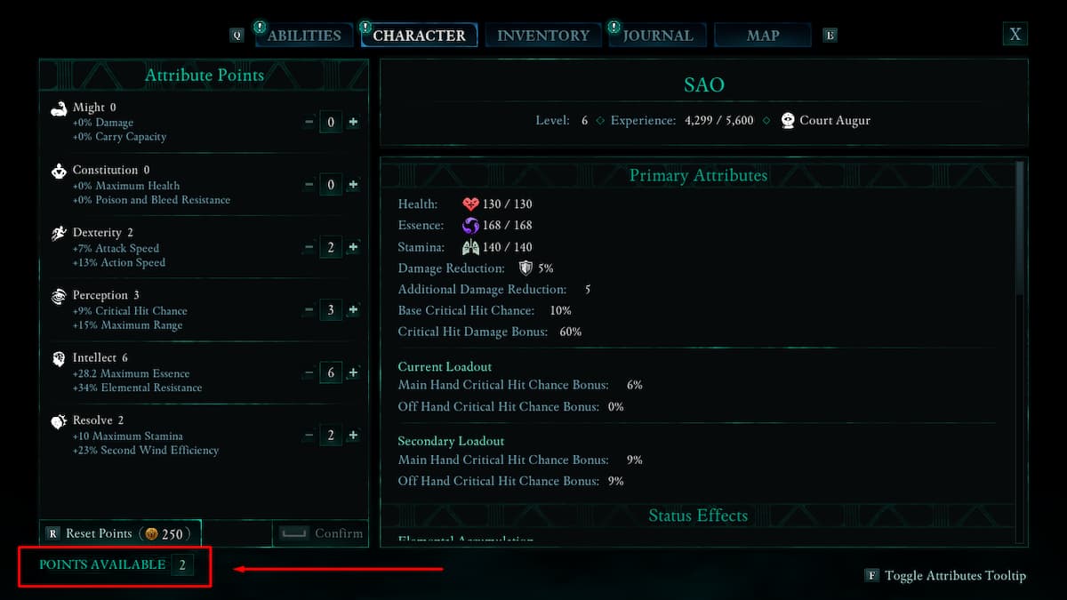 Avowed character attributes distribution screen