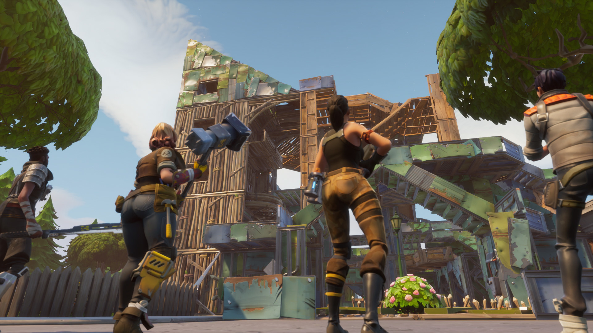 Fortnite players constructing wooden fort