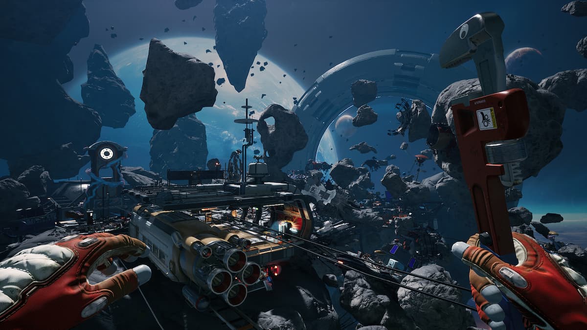 Space station in rocky asteroid field