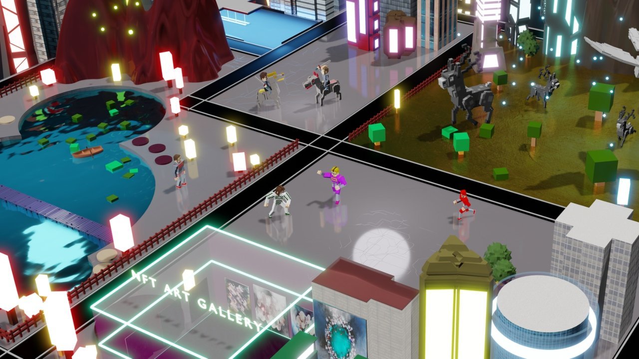 Futuristic virtual city with art gallery